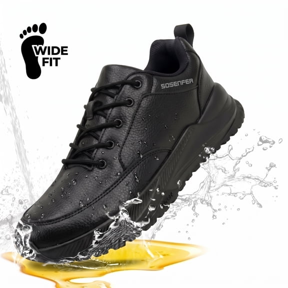 Sosenfer Non Slip Work Shoes for Men,Wide Feet Water Resistant Black Work Shoes,Slip Resistant Leather Kitchen Chef Shoes for Standing All Day