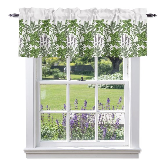 Spring Floral Valances for Windows, Watercolor Green Leaves Herb Plant Country Valance Window Treatment Rod Pocket Short Curtains Valances for Kitchen Bathroom 54"W x 18"L