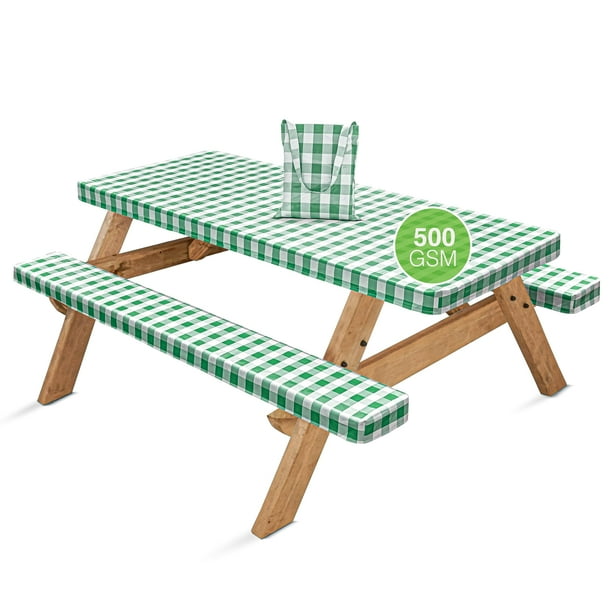 Hudson Comfort - Funda para mesa de picnic con fundas para banco, 17.64 oz/m², reutilizable, de vinilo resistente, para exteriores, mantel de picnic impermeable con funda de transporte (verde, 72 x 30