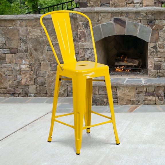 Flash Furniture Commercial Grade 4 Pack 24" High Yellow Metal Indoor-Outdoor Counter Height Stool with Removable Back