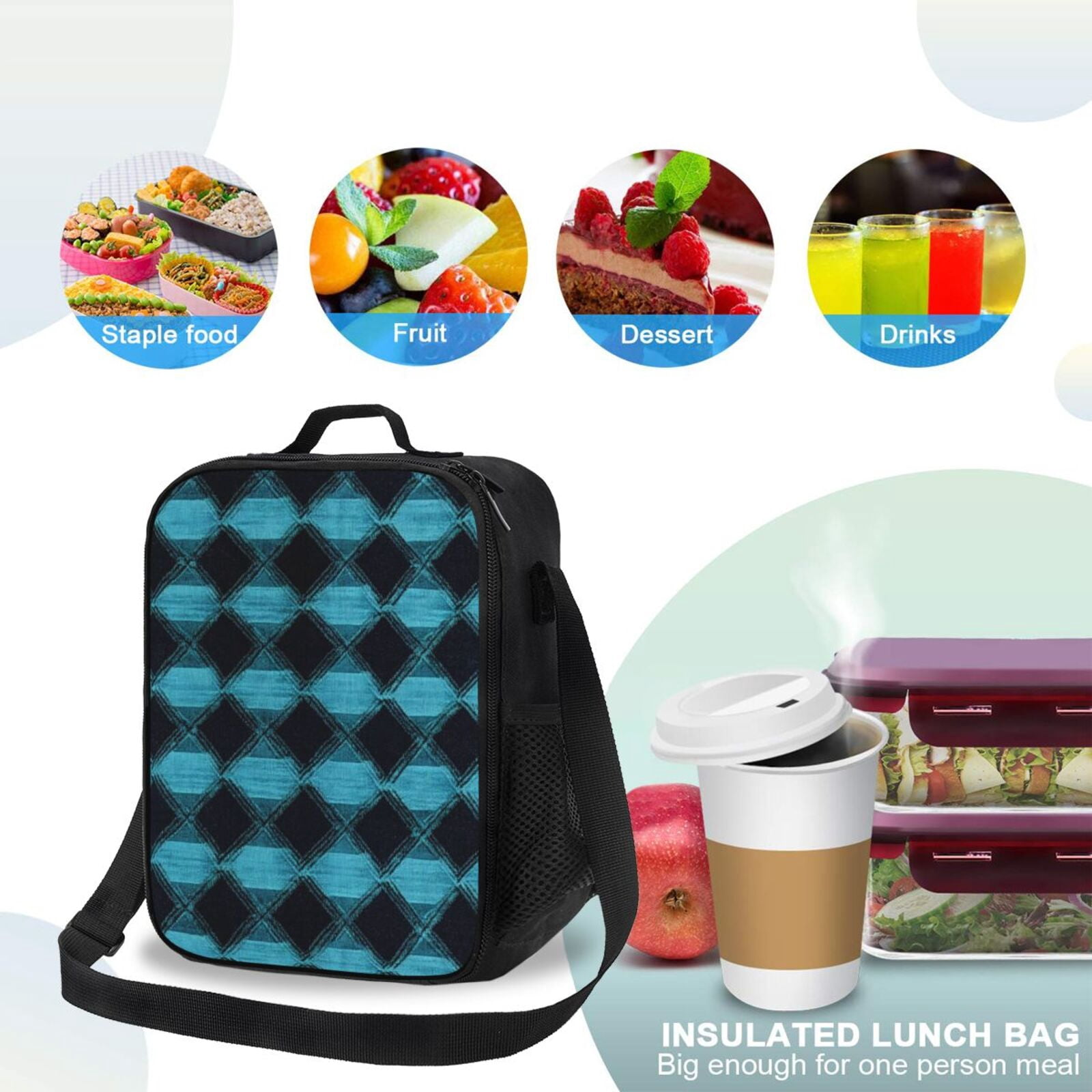 Thermal Insulation One Shoulder Portable Bento Bag Can Be Reused 8×10.5in For Carrying Drinks Bento Box Fruit Snacks Argyle Plaid Darkturquoise_3