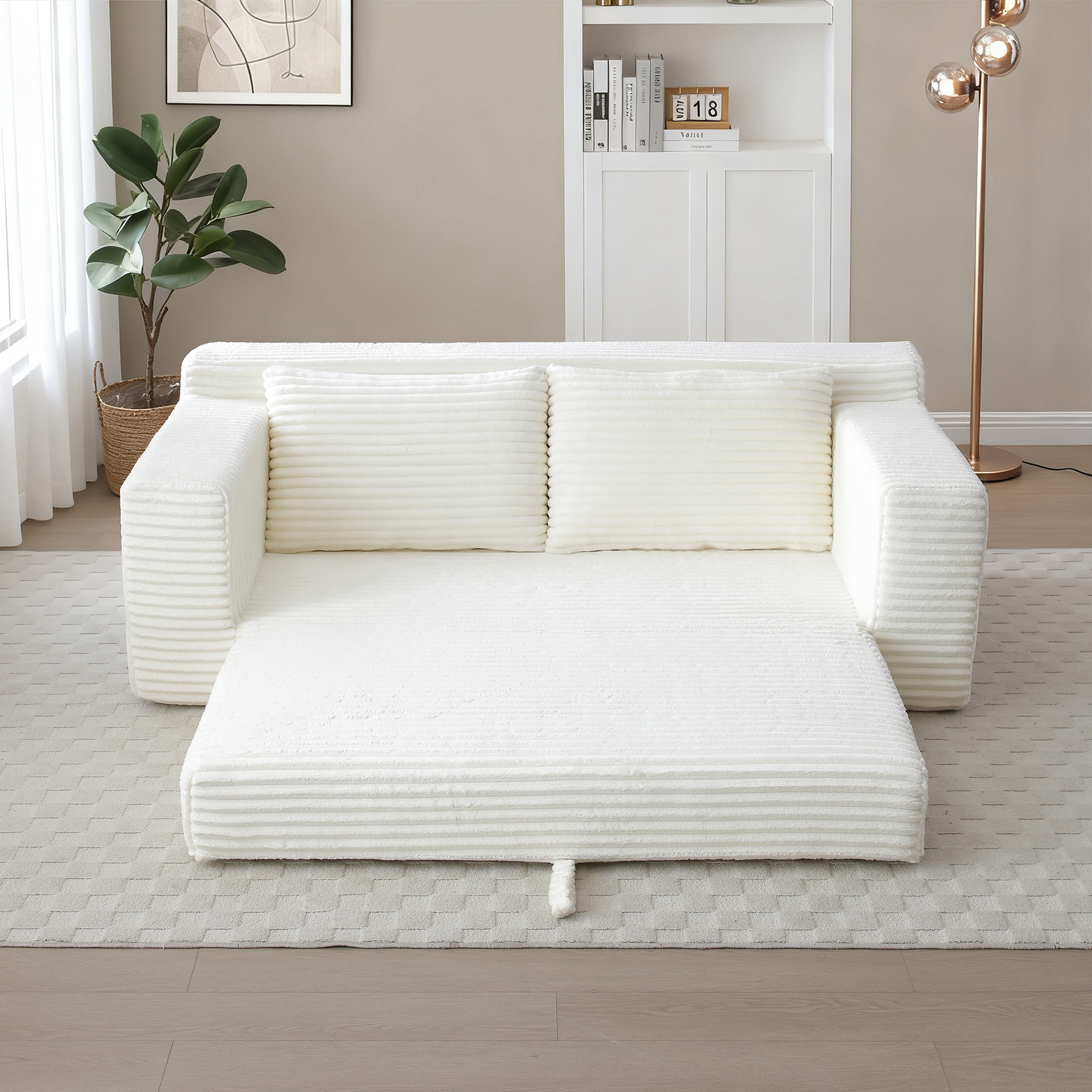 Memory Foam Cloud Loveseat Sofa, 2 in 1 Convertible Folding Couch Bed with Pull-Out Sleeper, No Assembly Compressed Corduroy Floor Lounge Sofa for Apartment, Office, Bedroom, Living Room, Beige
