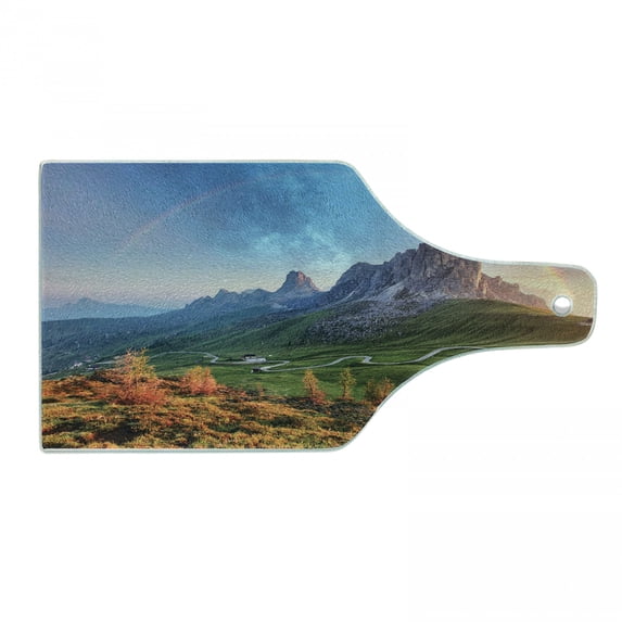 Landscape Cutting Board, Picture of Alps with a Rainbow and Green Field Mountain Range in the Morning, Decorative Tempered Glass Cutting and Serving Board, Wine Bottle Shape, Multicolor, by Ambesonne