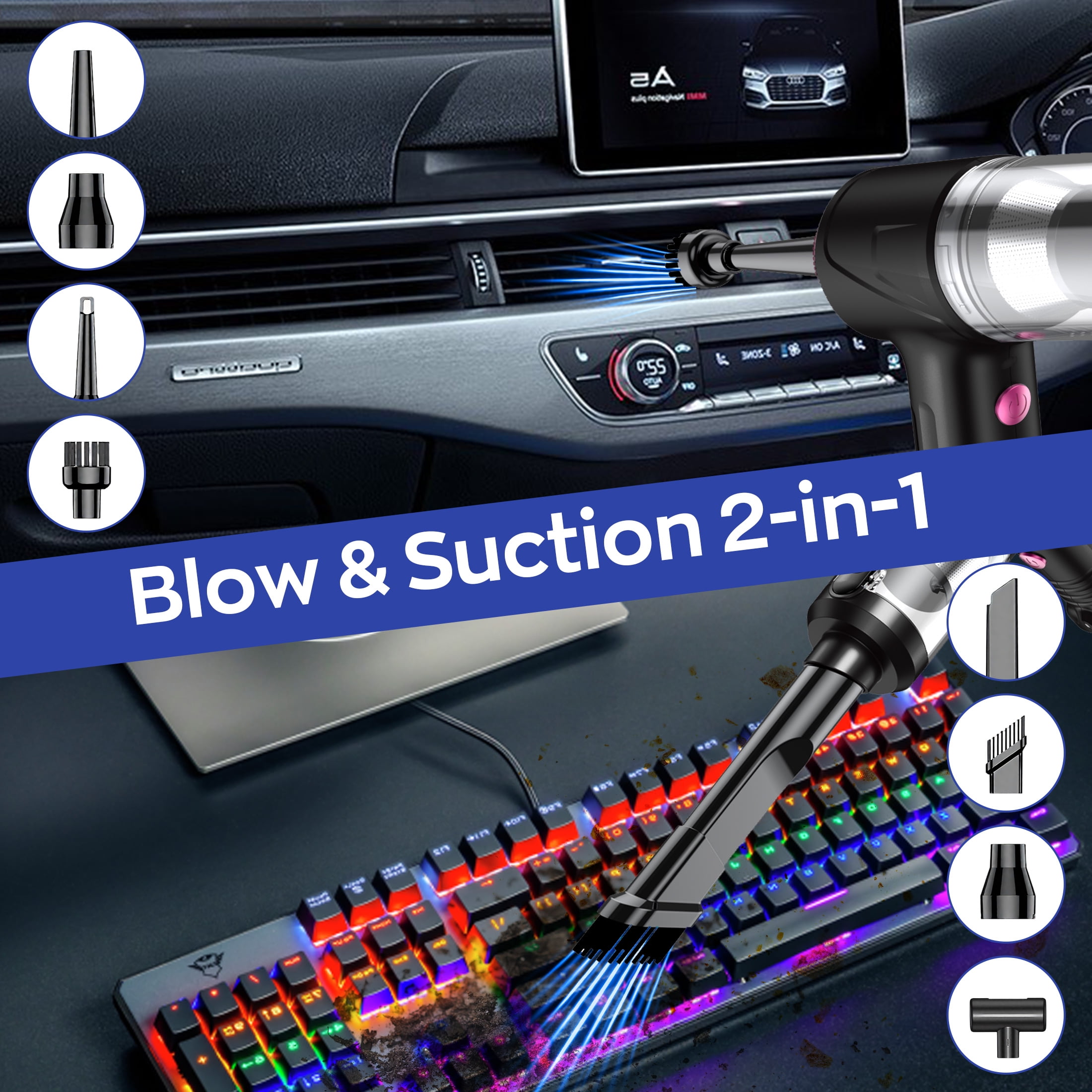 EVLIVE 4-In-1 Car Vacuum Cleaner, 9000PA Strong Suction, Can Clean Dead Corners Handheld Vacuum Cleaner, High Endurance Anti-Drop Car Vacuum Cleaner, Car,Home,Office.