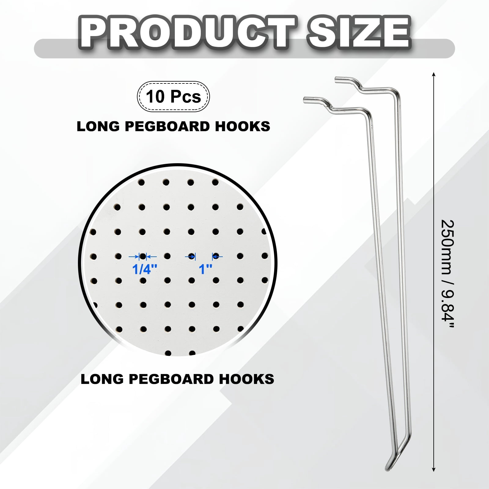 Uxcell 10 Pcs Pegboard Hooks,  9.8 Inch Peg Board Hooks Kit Fit 1/6" Pegboard Garage for Hanging Shelving Tool Storage Craft Organizing, Silver Tone