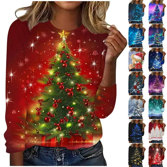 Holiday Gifts! Titcea Christmas Shirts for Women 3/4 Sleeve Crewneck Cute Christmas Print Pullover Sweaters 2024 Loose Comfort Casual Tops