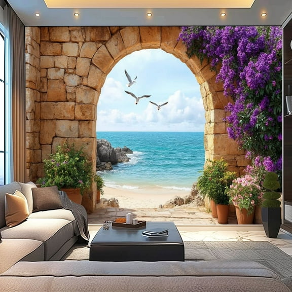 Peel and Stick Wallpaper Canvas Garden View 3D Mural Sea Landscape Stone Arches Living Room Archway Modern Art Wall Mural Decor Self Adhesive and Removable 100in x 144in