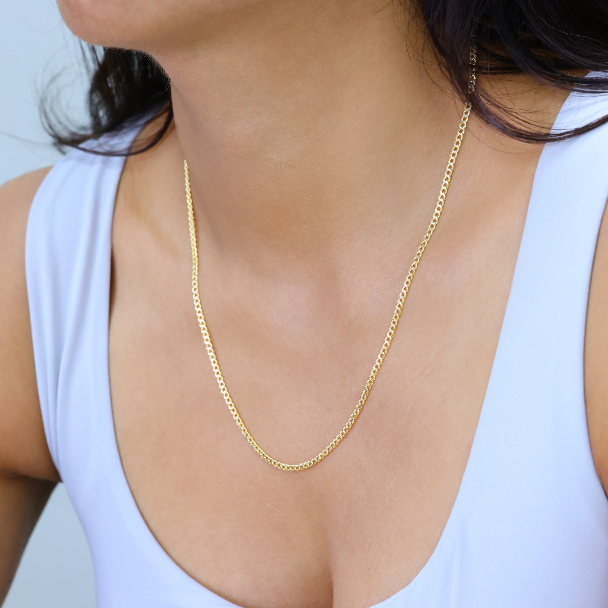 Nuragold 10k Real Yellow Gold Cuban Curb Link 3.5mm Diamond Cut Pave Chain Necklace (16"-30") Two Tone Italian Jewelry for Men & Women