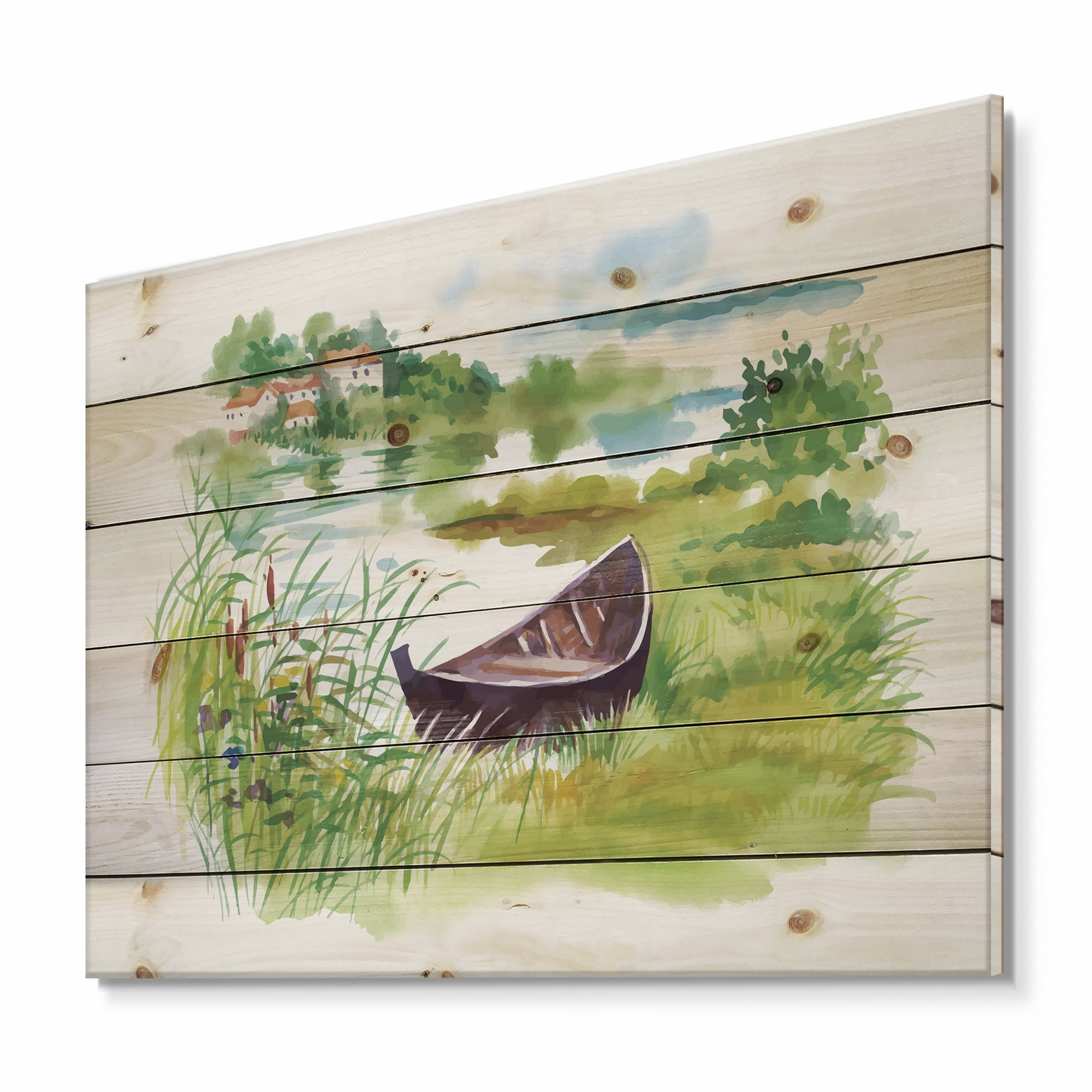Designart 'Rural Green Landscape With Boat In Lake' Lake House Print on Natural Pine Wood