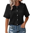 thumbnail image 2 of Women's Summer Button Down Blouses Peter Pan Collar Curved Hem T Shirts Top Womens Casual Solid V Neck Loose Fits Lightweight Breathable Short Sleeve Shirt, 2 of 6