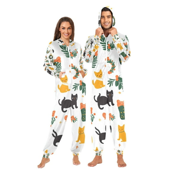 Christmas Cute Cats Adult Onesie Pajamas Slim Fit Christmas One Piece Suit Pjs for Women and Men Hooded Zipper