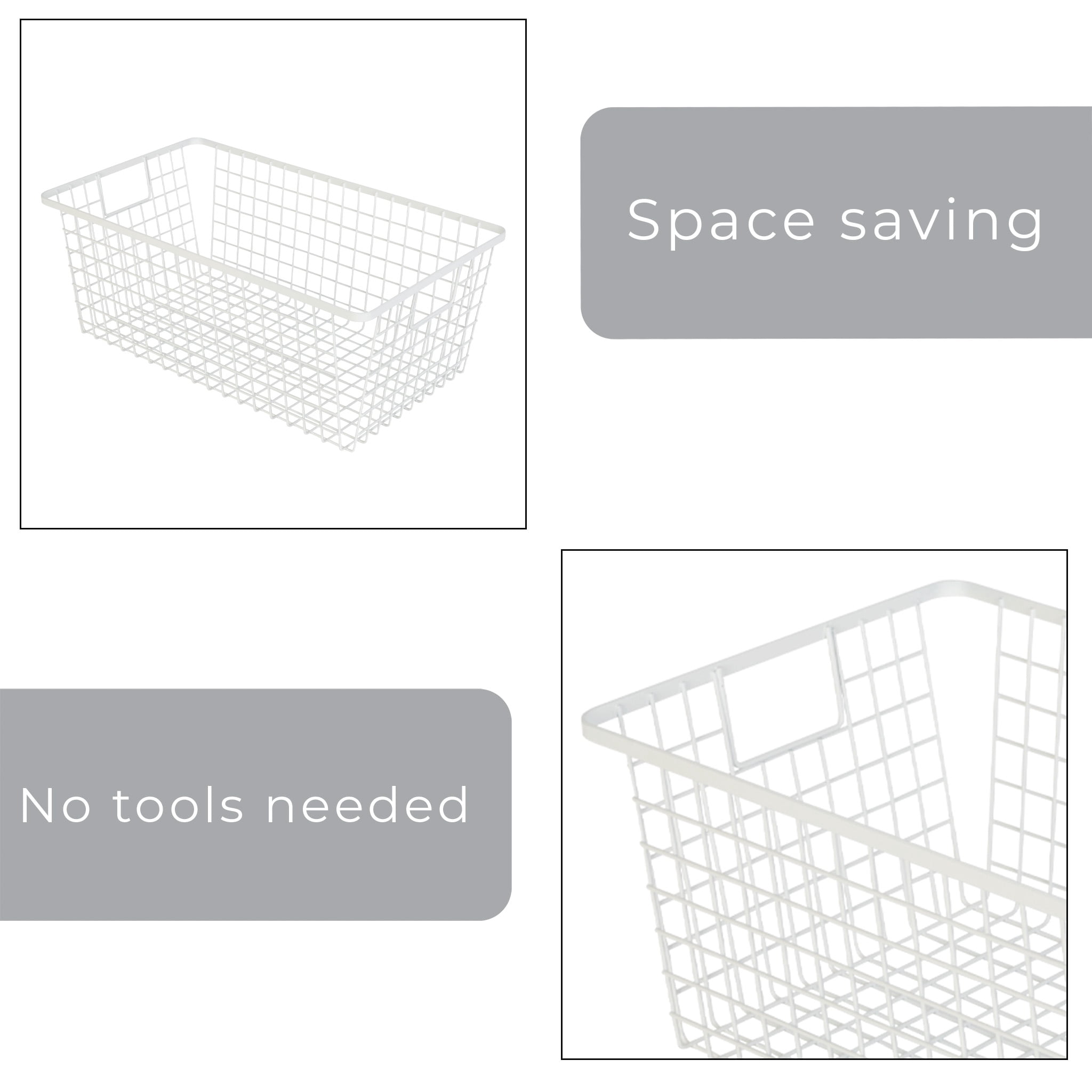Smart Design Nestable Basket Organizer with Handles - 9 x 16 x 6 inches - White - Set of 4