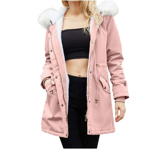 Besolor Womens Fleece Lined Hooded Rain Jackets Plus Size Zipper Drawstring Thickened Raincoat Outdoor Outerwear with Pockets
