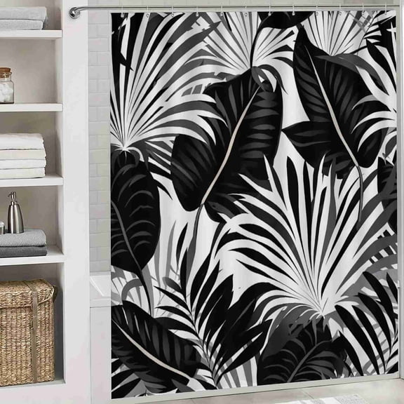 70x70 inch Black and White Tropical Leaves Shower Curtain, Waterproof Polyester Fabric with Hooks for Bathroom Decor