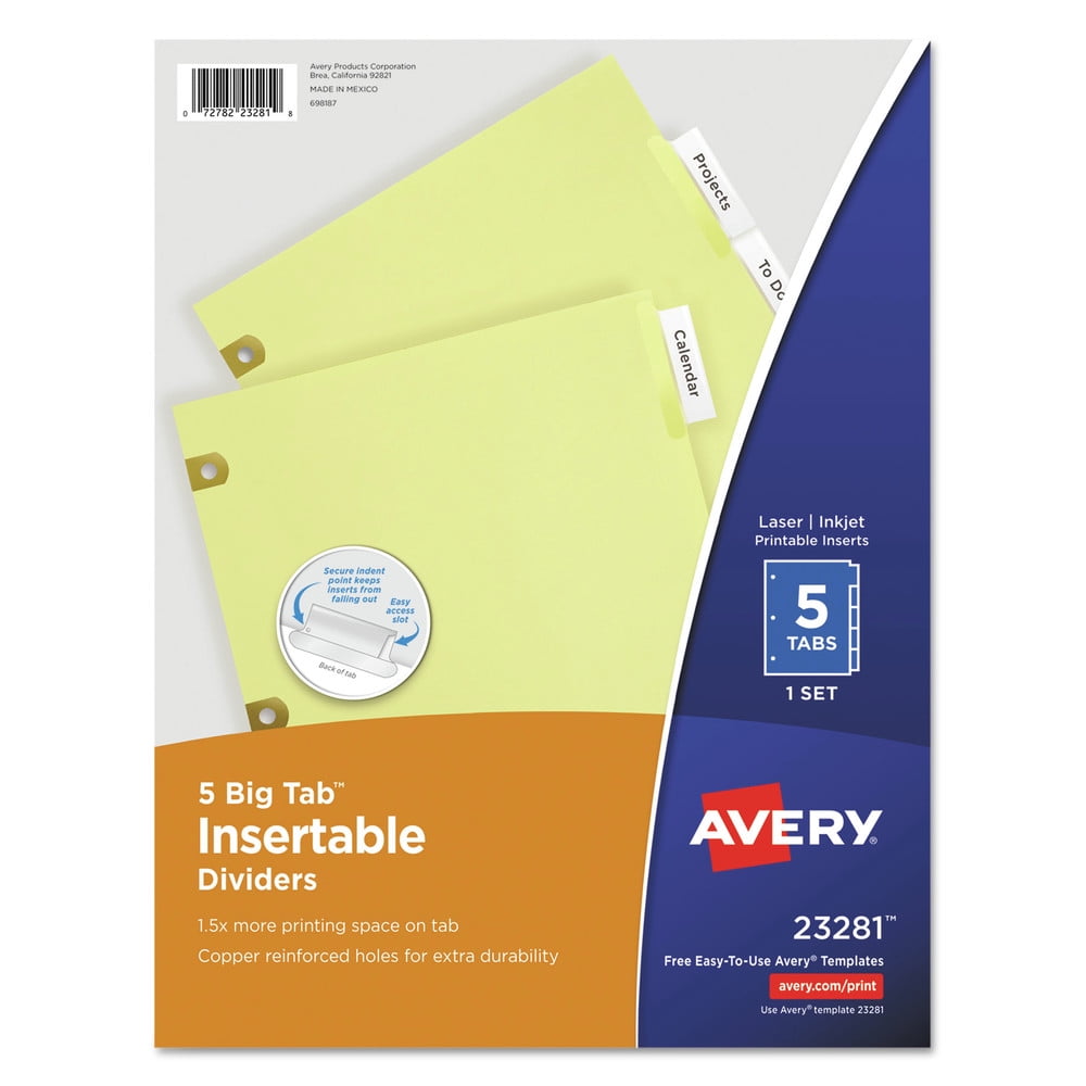 Avery 23281 Insertable Big Tab Dividers, 5-Tab, Letter (1 Set)