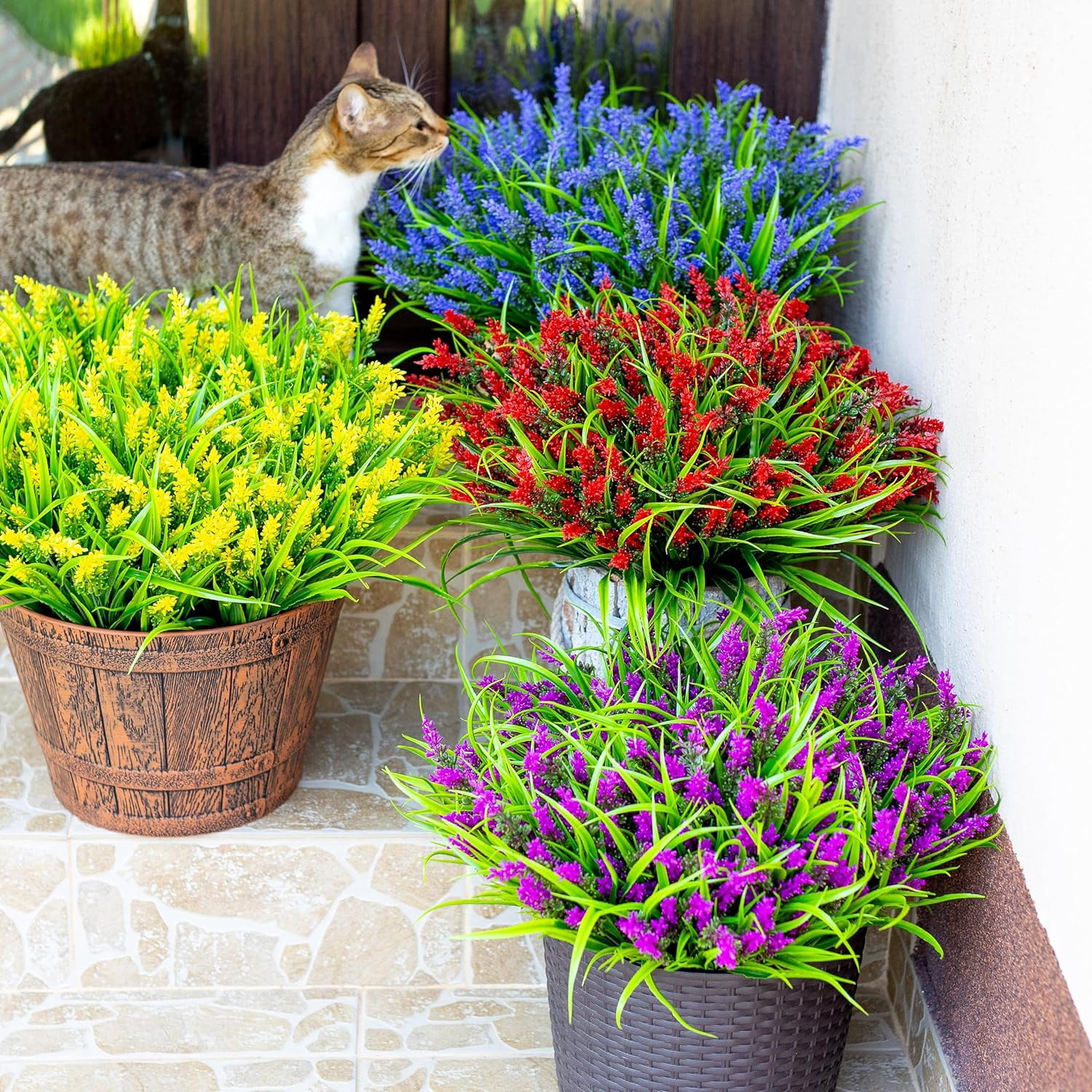 4PCS Artificial Flowers for Outdoors, Fake Lavender with Grass UV Resistant Plastic Faux Autumn Plants for Garden Thanksgiving Home Decor (Magenta)