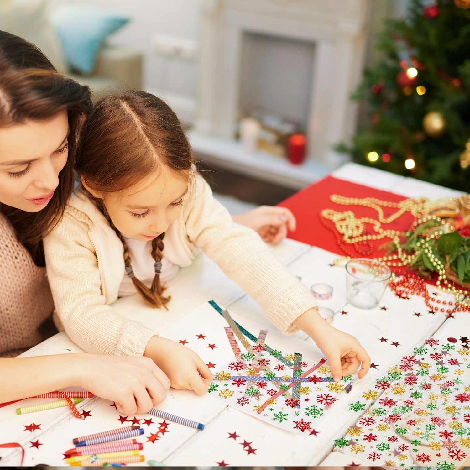 330Pcs Winter Christmas Stickers Glitter Red Green Gold Snowflake Self-Adhesive Decals for Xmas Home Party DIY Crafts Supplies, 10 Sheets