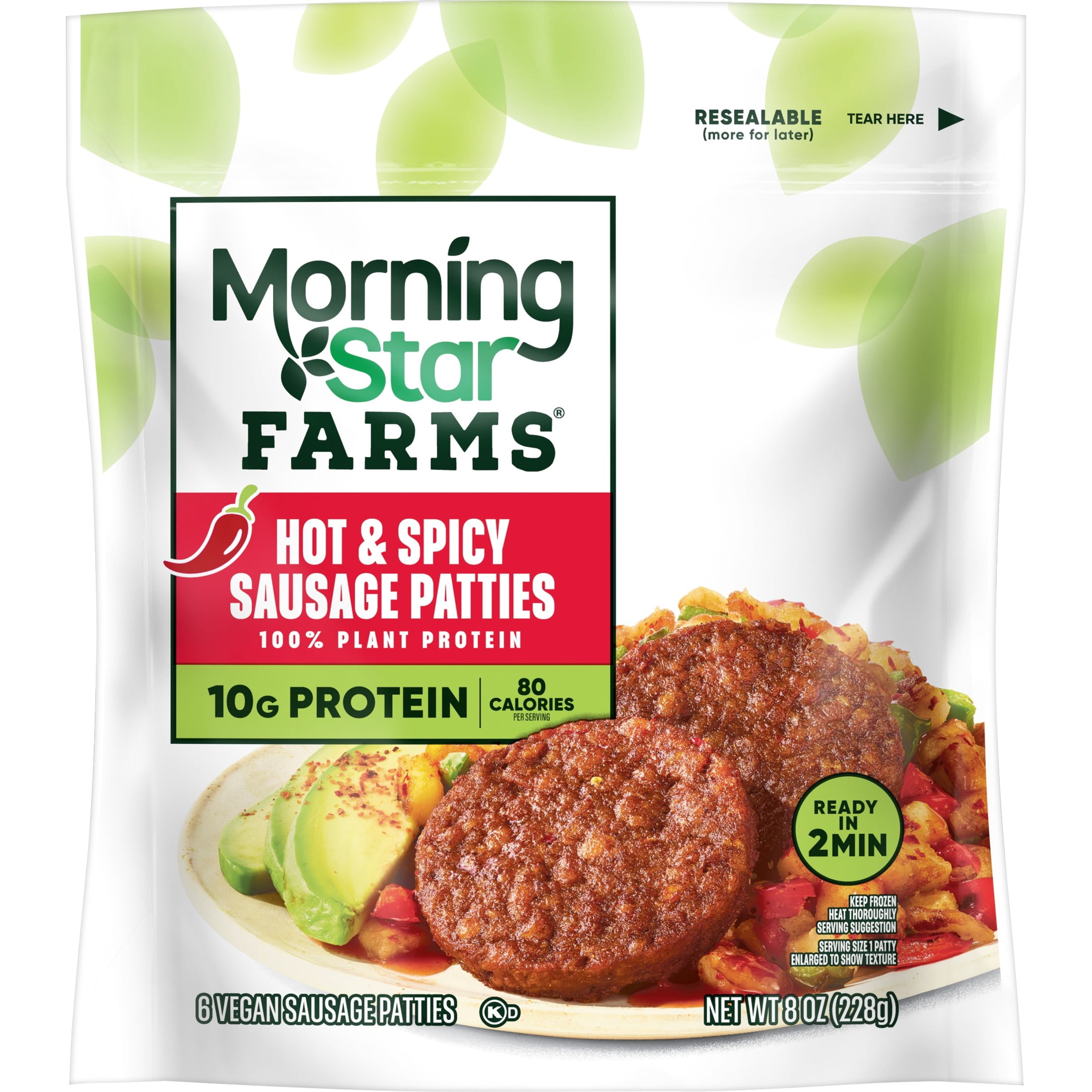 MorningStar Farms Veggie Breakfast Hot and Spicy Plant Based Sausage Patties, Vegan Meat, 8 oz, 6 Count (Frozen)