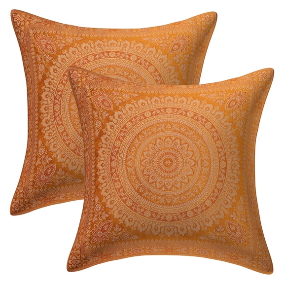 Stylo Culture Ethnic Brocade Home Decor Throw Pillow Covers Mustard Yellow 16x16 Traditional Jacquard Weave Gold Couch Cushion Covers 40 x 40 cm Polydupion Silk Mandala Square Pillowcases | Set Of 2