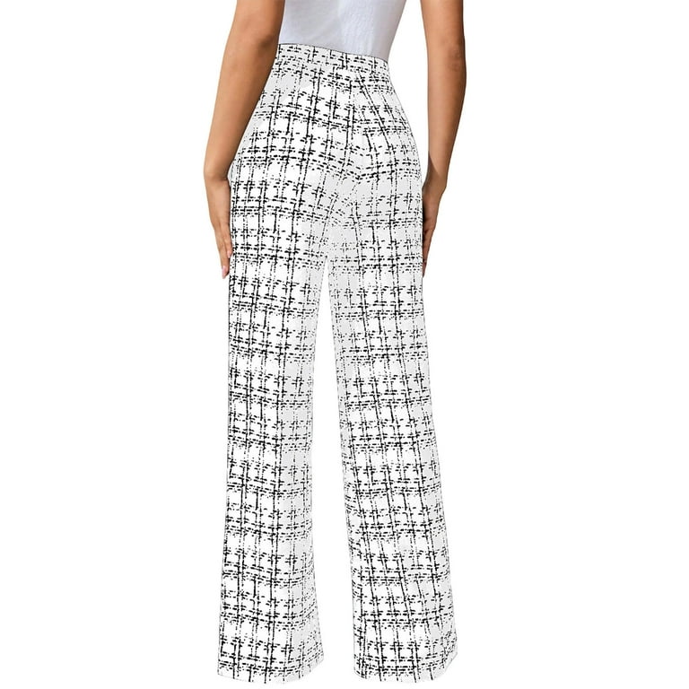 Womens Plaid Pants High Waisted Elastic Waist Wide Leg Lounge