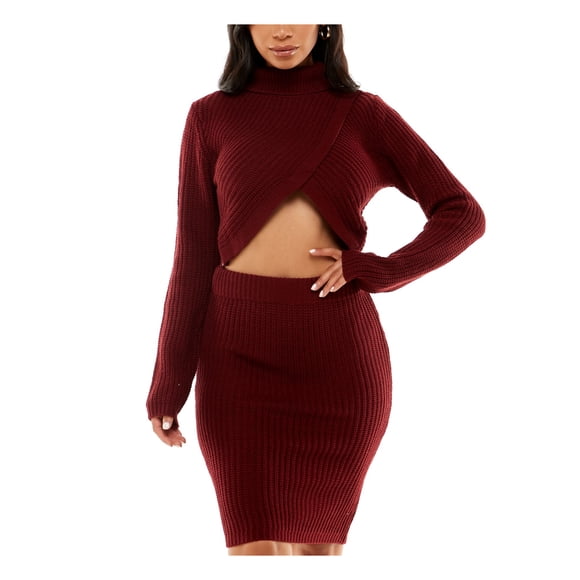 ALMOST FAMOUS Womens Maroon Knit Ribbed Fitted Asymmetric Crop Pull-on Long Sleeve Turtle Neck Above The Knee Party Sheath Dress L