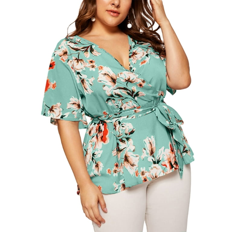 2023 New Y29-Fashion Women Casual Floral Print Splice Short Sleeve T Shirt  Strap V Neck Blouse Loose Top Blank Shirts for Heat Transfer Green :  : Fashion