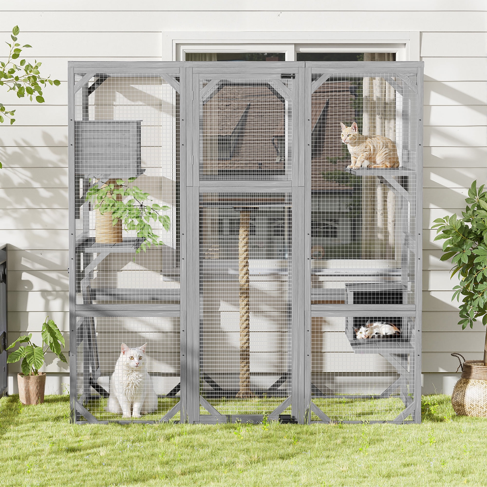 Euroco Large Outdoor Cat Enclosure with Sleeping Houses, Climbing Platforms, and Scratching Posts