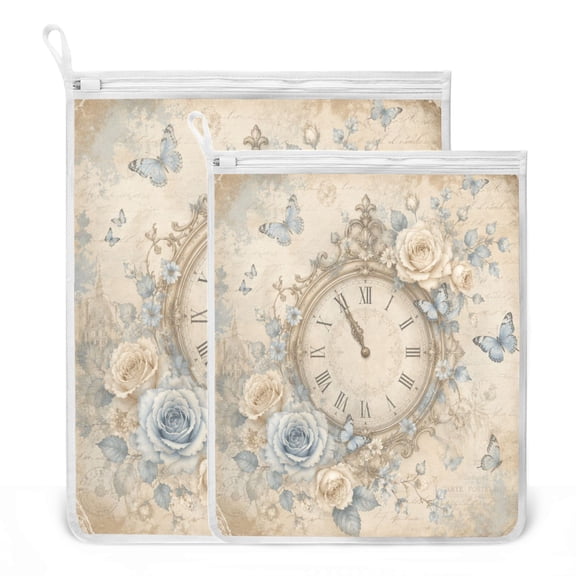 2 Pack Mesh Laundry Bags Blue Butterfly Rose Clock Durable Polyester Wash Bags with Zipper 2 Sizes Reusable Delicates Bag for Washing Machine Travel Storage