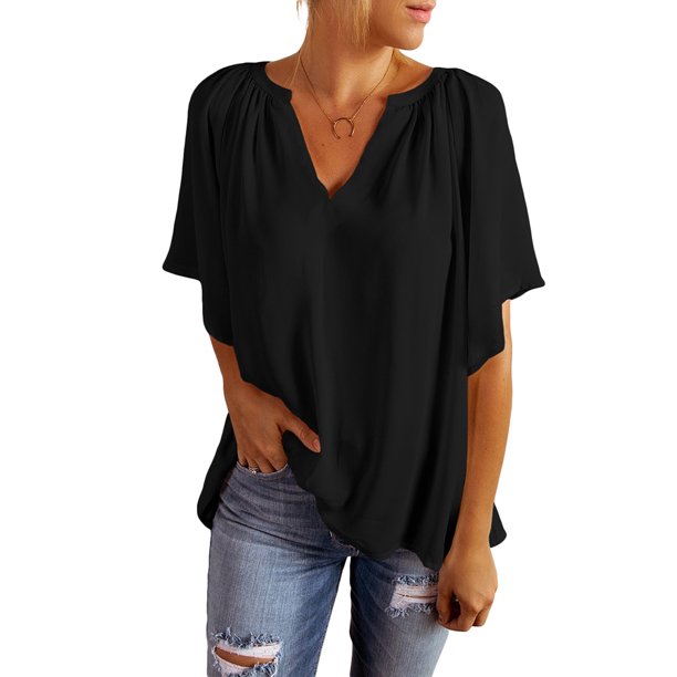 VISgogo Tops de manga corta para mujer con color sólido, versión suelta, estilo casual, ropa de verano plisada VISgogo moda