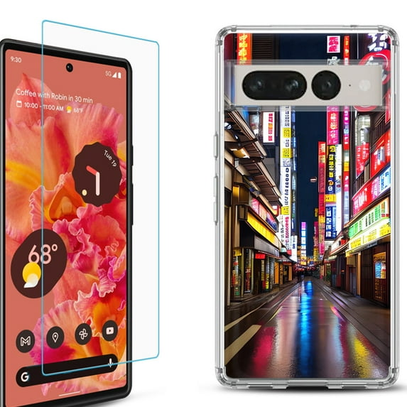 Shockproof Bumper Phone Case for Google Pixel 7, with Tempered Glass Screen Protector, by OneToughShield ® - Neon Street