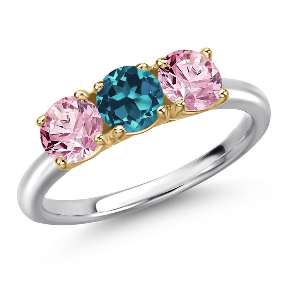Gem Stone King 925 Silver and 10K Yellow Gold London Blue Topaz and Pink Lab Grown Diamond Engagement Ring for Women | 1.70 Cttw | Round 5MM | Gemstone November Birthstone | Size 6