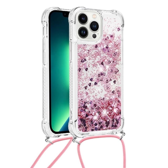 Funda FOXDOCK para iPhone 14 Pro con Cuerda Ajustable, Brillo Líquido, Protección Antigolpes y Lente – Ideal para Regalo