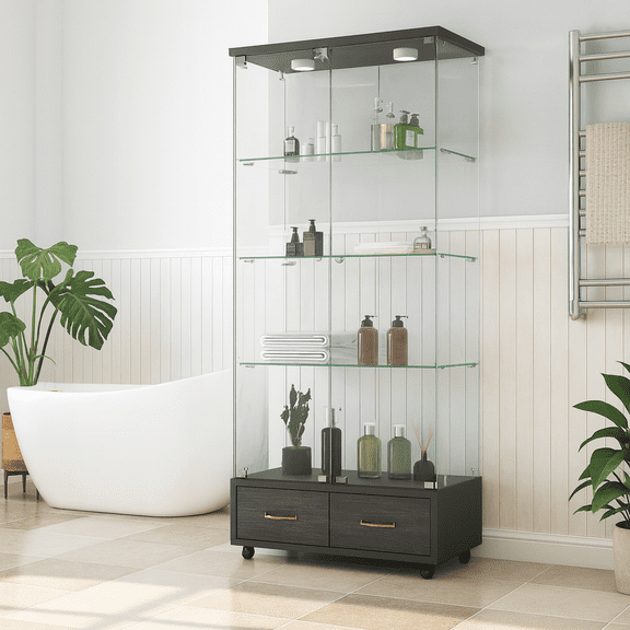 Modern Glass Display Cabinet with Large Drawers,Quick-assembly Antique Cabinet with LED lights,Tempered Glass Bookshelf,2-Door Storage Case with 4 Shelves for Living Room and Bedroom