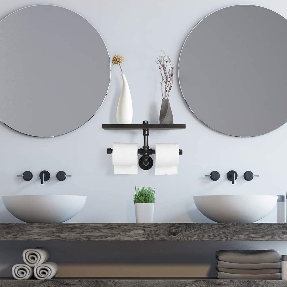 Industrial Dual Toilet Paper Holder, Wall Mounted Toilet Tissue Roll Holder Dispenser with Storage Shelf for Bathroom