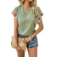 thumbnail image 2 of Womens Summer Tops Casual Short Sleeve T Shirts Crewneck Boho Crochet Floral Print Blouses Green L, 2 of 9