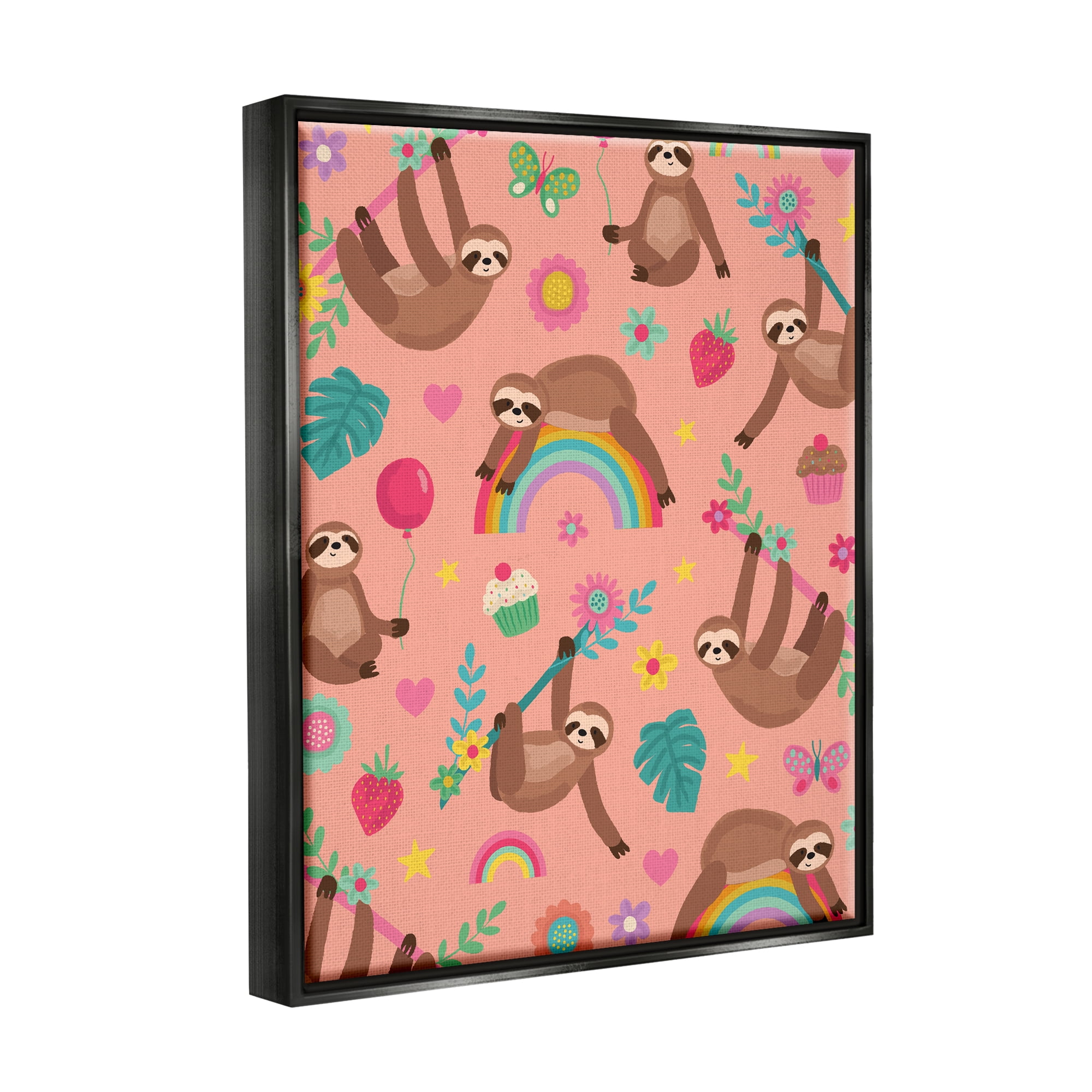 Stupell Industries Sloths Climbing Botanical Branches Whimsical Floral Pattern Graphic Art Jet Black Floating Framed Canvas Print Wall Art, Design by Lisa Perry Whitebutton