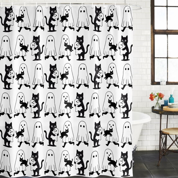 Halloween Bathroom Shower Curtains with 12 Hooks Polyester Waterproof Shower Curtain for Stalls and Bathtubs Cartoon Horror Spooky Ghosts Cat White Black Decorative Bathroom Curtain 72x78 Inches