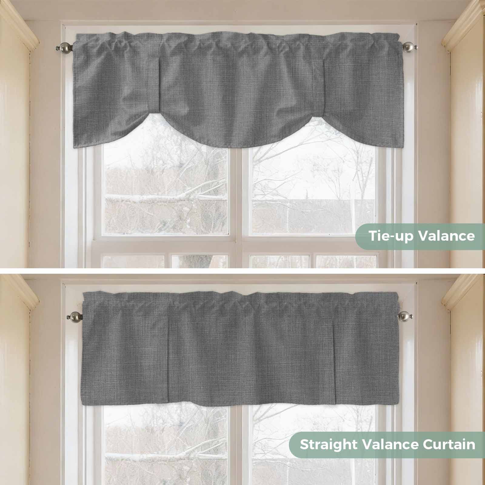 Vintage Dark Gray Tie Up Valance Curtains for Windows, Kitchen Curtains Window Treatments, Farmhouse Retro Solid Color Linen Texture Short Window Shades Valances for Bedroom Bathroom Cafe 42"x18"