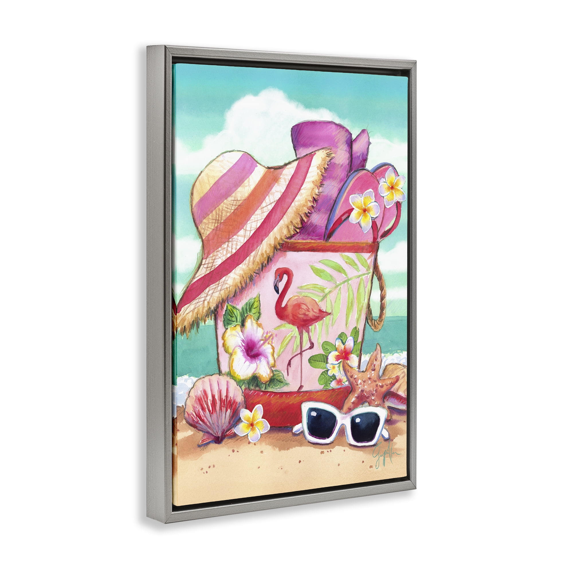 Stupell Industries Floral Beach Bag Nautical & Beach Painting Gray Floater Framed Canvas Art Print Wall Art, 21 x 31