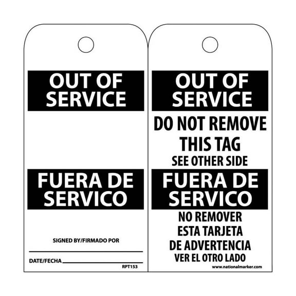 NMC Signs Rpt153, Out Of Service Bilingual Tag, 6 X 3, Unrippable Vinyl .015