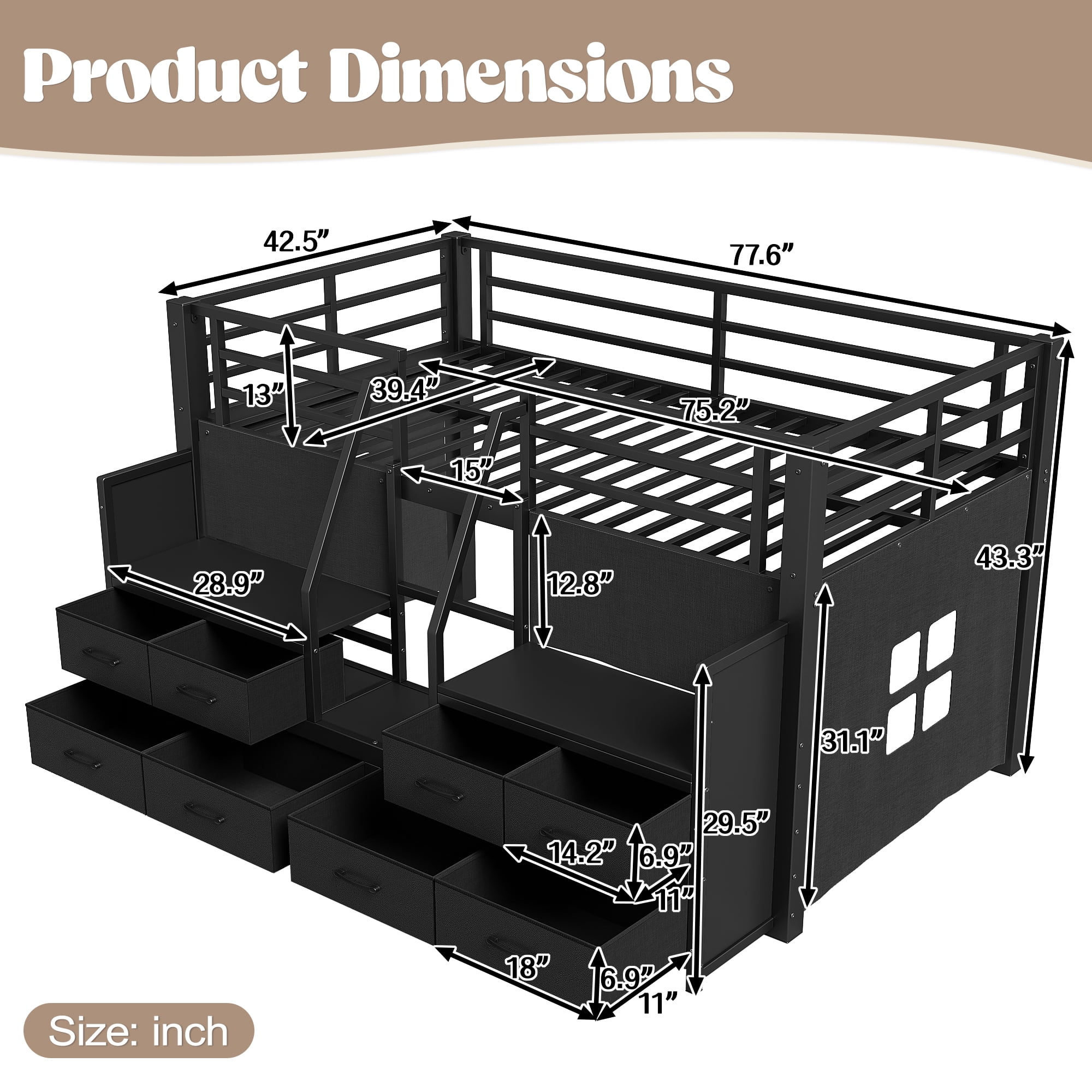 Leumius Twin Size Loft Bed with Multi-storage Spaces,Metal Low Loft Bed with Storage Drawers, Shelves,LED Lights and Independent Spaces Under Bed,No Box Spring Needed,Black