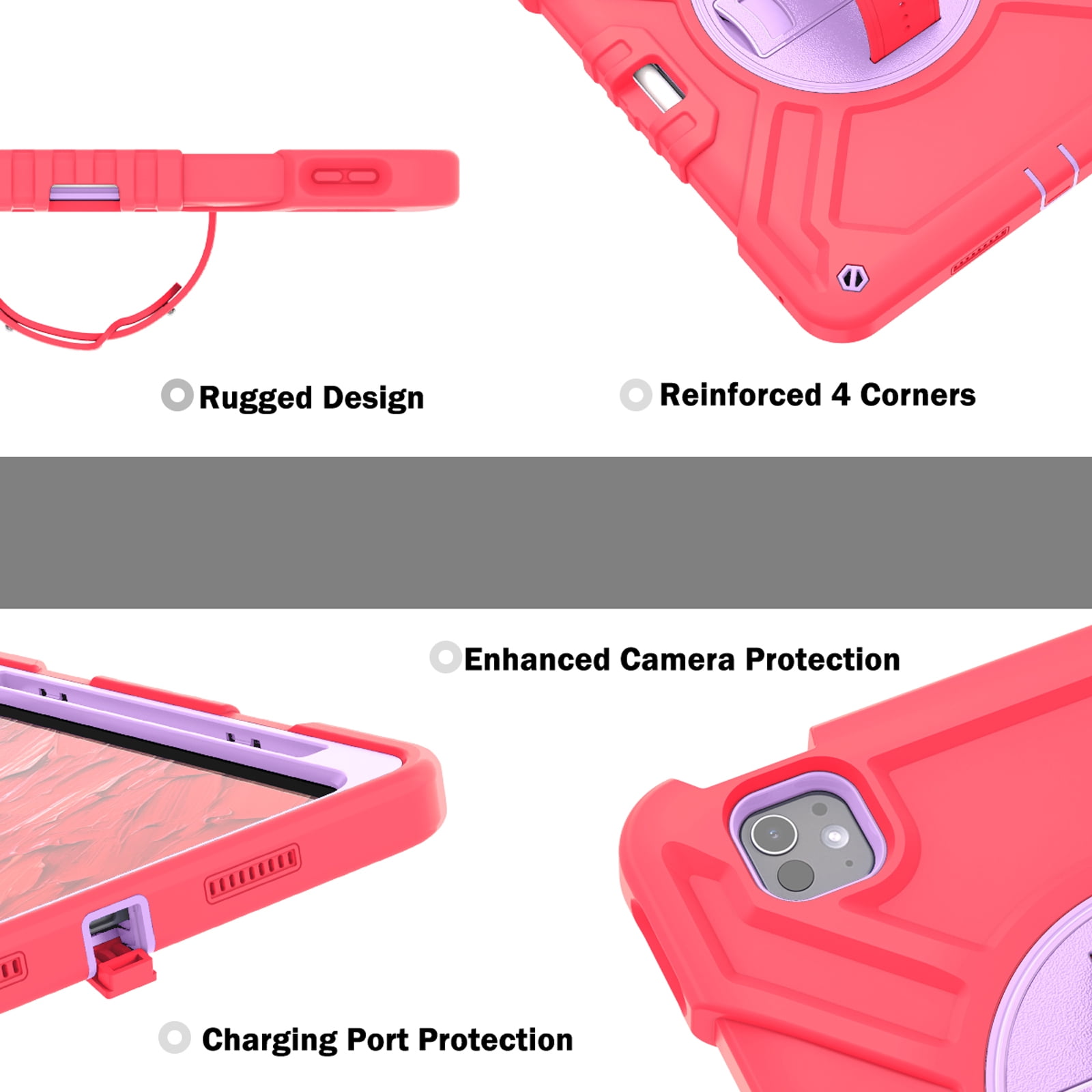 Military Grade Case for Apple iPad Pro 11 2024,Shoulder Strap Shockproof iPad Case with Pencil Holder 360 Rotating Hand Strap+Kicstand Rugged Siicone and Hard PC Case,Redpurple