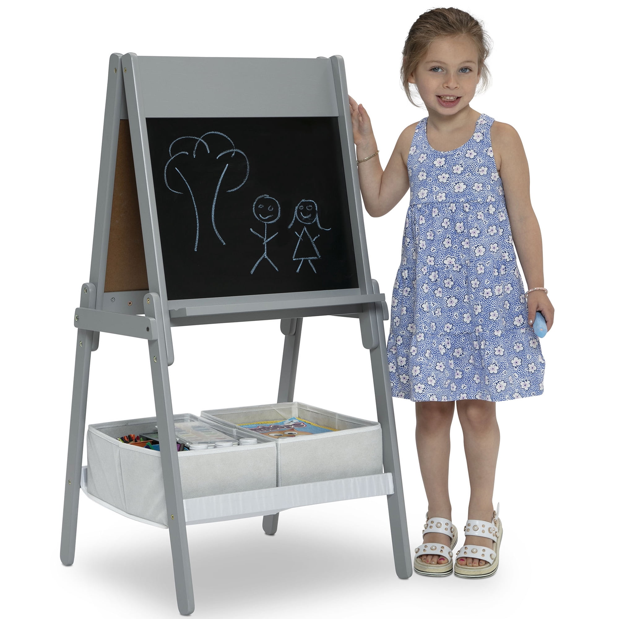 Delta Children Chelsea Double-Sided Storage Easel with Paper Roll and Magnets -Ideal for Arts & Crafts, Drawing and More - Greenguard Gold Certified, Light Grey/White