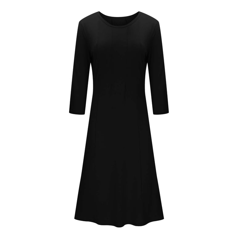 Vsssj Women 3/4 Sleeve Plain Loose Comfy Midi T-Shirt Dresses Round Neck Solid Color Casual Swing Simple Loungewear Long Dress Black M, Women's, Size: