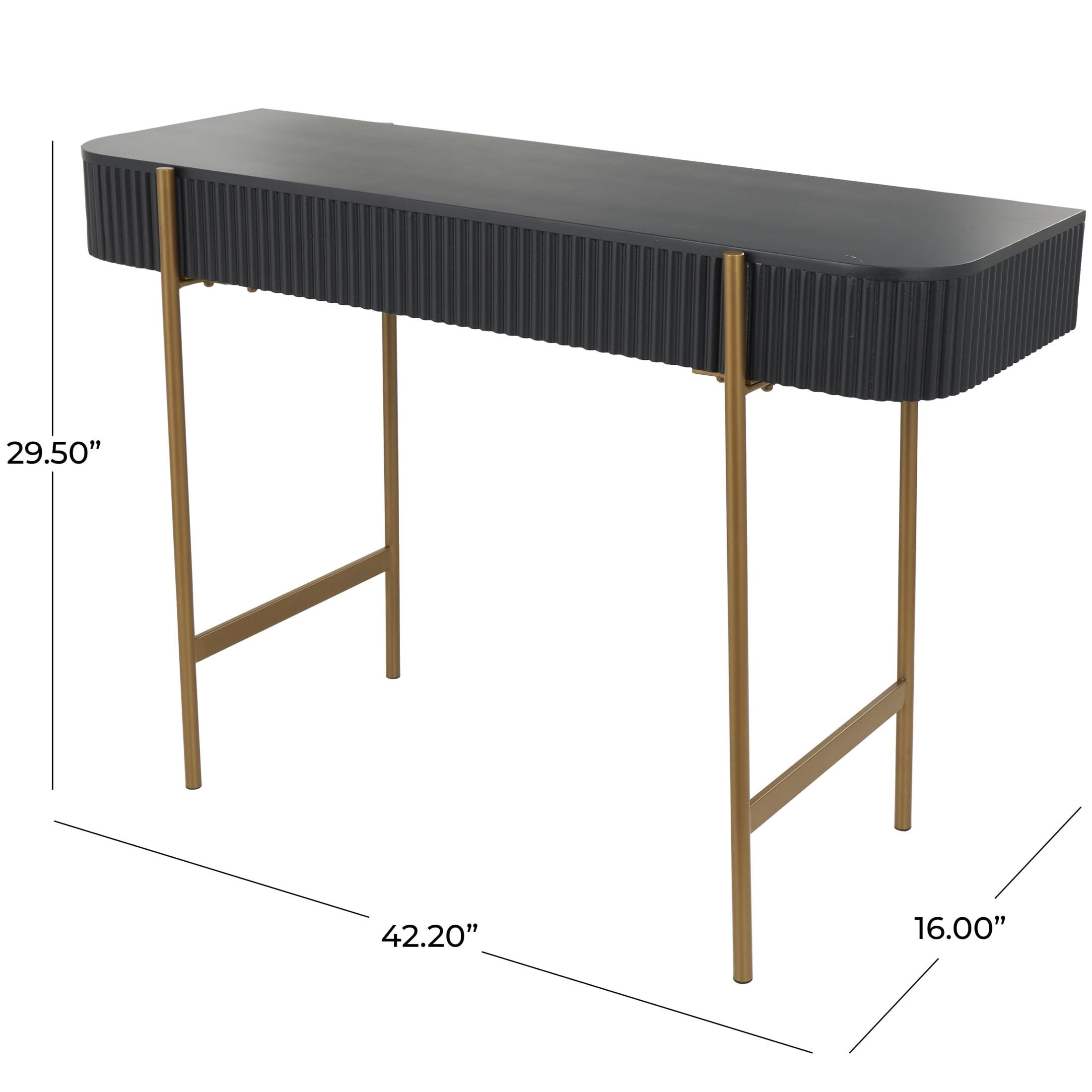 DecMode 42" x 30" Black Wooden Rounded Rectangular Ribbed Console Table with Gold Metal Legs, 1-Piece