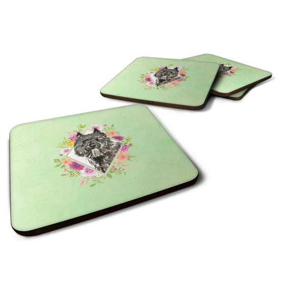 Carolines Treasures CK4416FC Bouvier des Flandres Green Flowers Foam Coaster Set of 4 3 1/2 x 3 1/2 multicolor