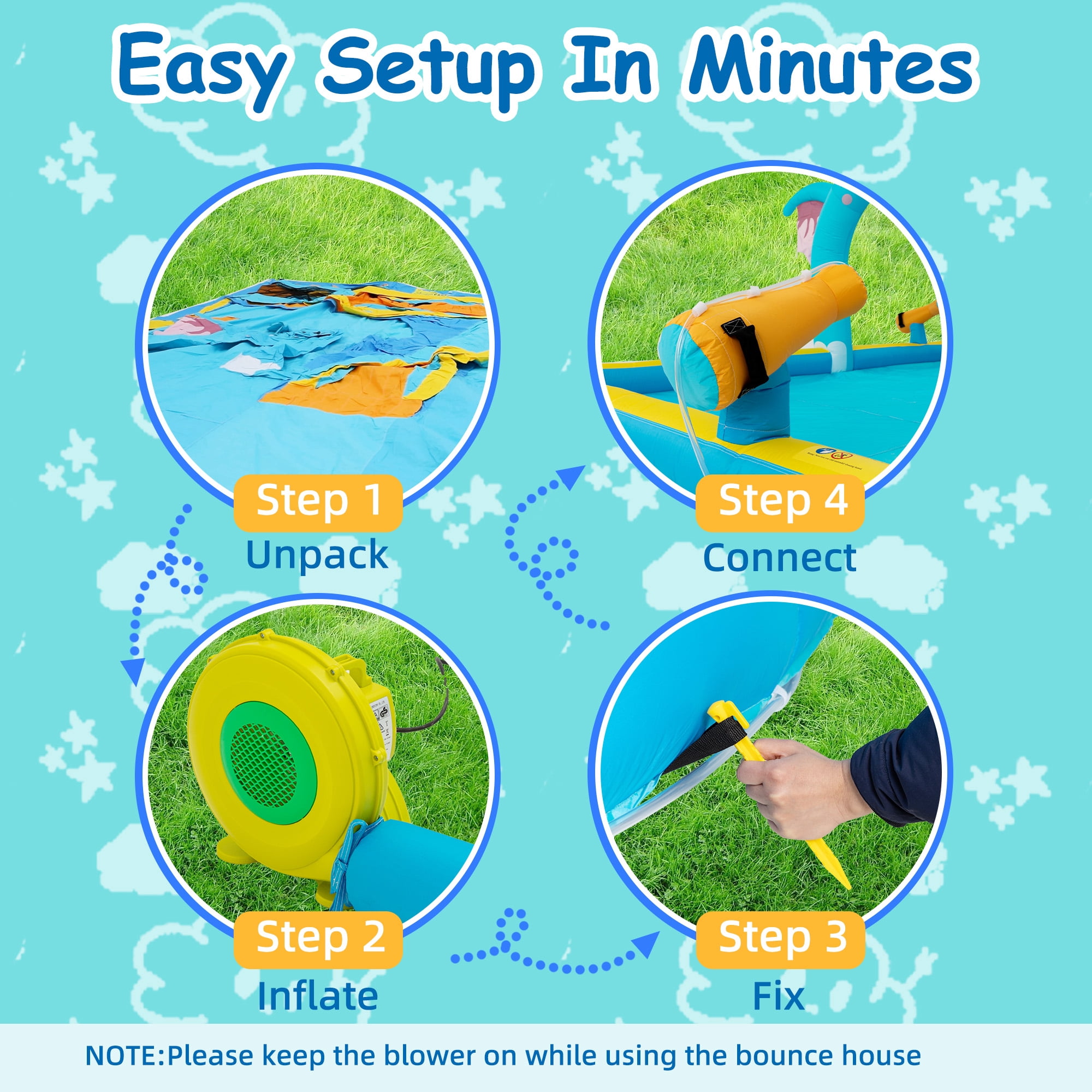 Eclife Elephant Theme Outdoor Inflatable Water Slides Bounce House for Kids 8-12 Years with Splash Pool, Climbing Wall, Air Blower, 1-Count