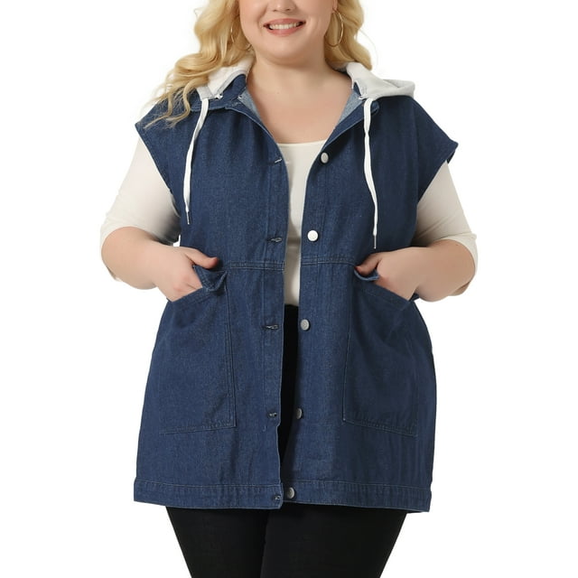 Agnes Orinda Plus Size Denim Jackets for Women Drawstring Hood Utility Long Jean Jacket Vests Dark Blue 2X