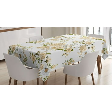 Ambesonne Flowers Tablecloth Rectangular Table Cover, Floral Roses Vector, 52"x70", White and Beige