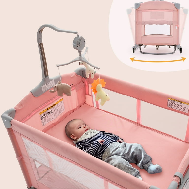 HARPPA 5 in 1 Portable Playard and Bassinet for Girl from Newborn to Toddler, Easy Folding, Pink